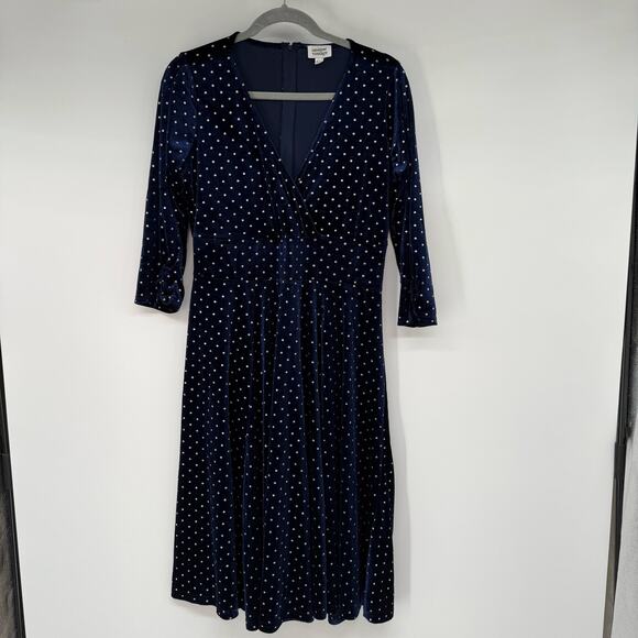 Unique Vintage Velvet Polka Dot Midi Wrap Dress Women's XL/14 Blue Empire Waist - Picture 1 of 8